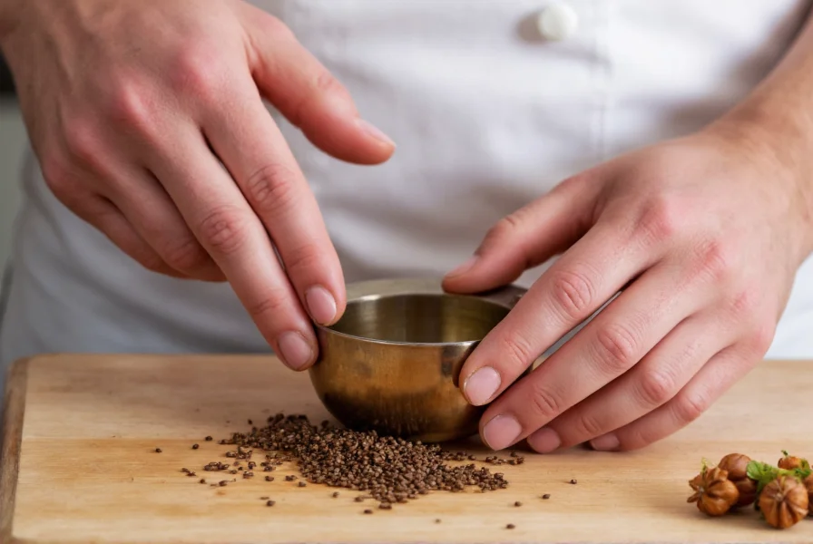 Chef measuring anise seeds in a kitchen setting with pronunciation guide