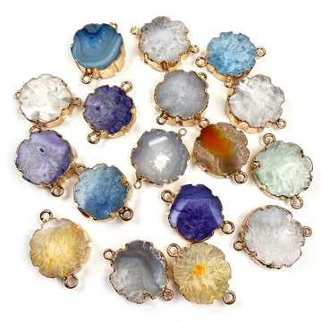 

Hot Sale Gold Metal Wrapped Agate Slice Charm Round Agate Bracelets Connectors For Women Bangles making