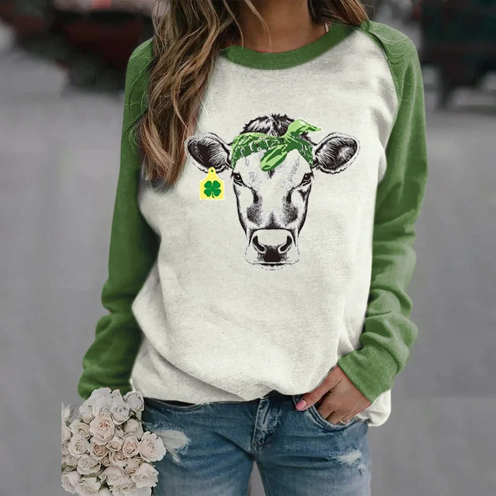 

Cow head pattern printed round neck shoulder long sleeve sweater