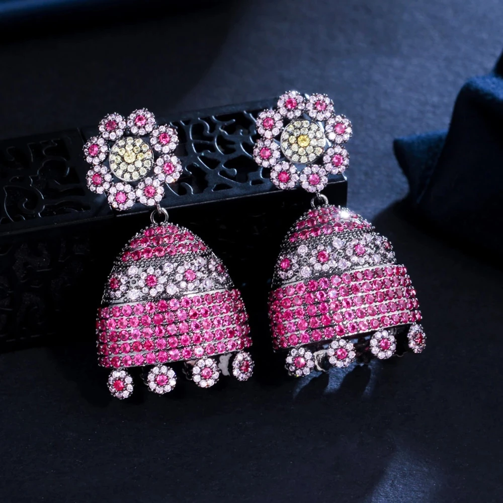 Micro Pave Pink Red Cubic Zirconia Crystal Cluster Flower Luxury Geometric Wedding Party Earrings for Women Ethnic Jewelry