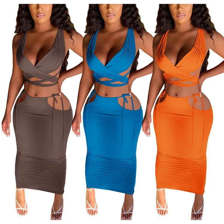 

FS2821D Solid colors dress Halter Crop Top And Drawstring Skirt Two Piece Sets For Women Sexy Club Party Outfits