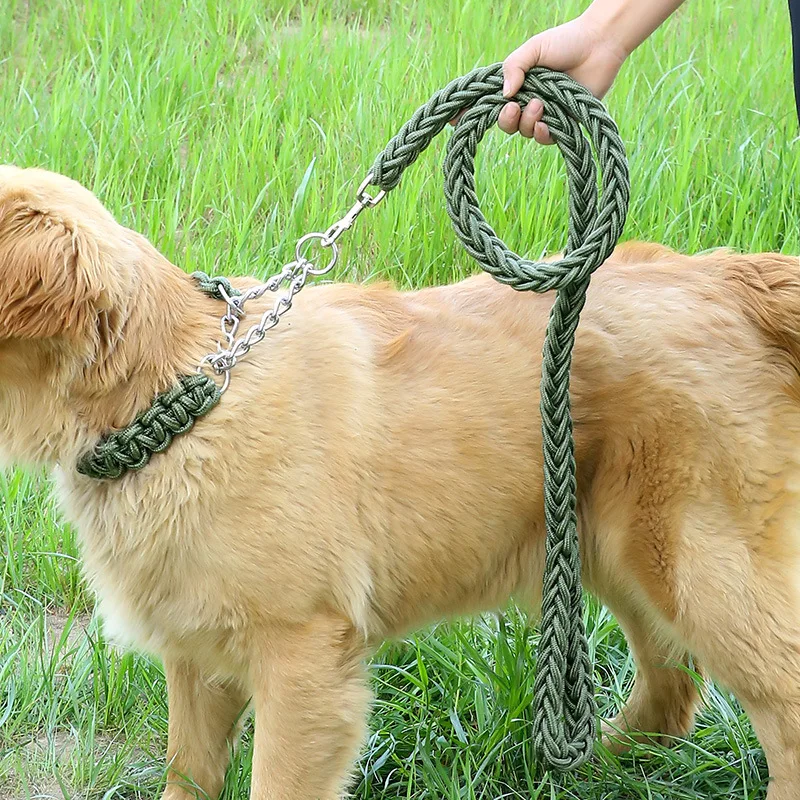 

Multi Color Quality Nylon Braided Rope Dog leash With Chain Collar For Big Dog, 13 colors, can be customized