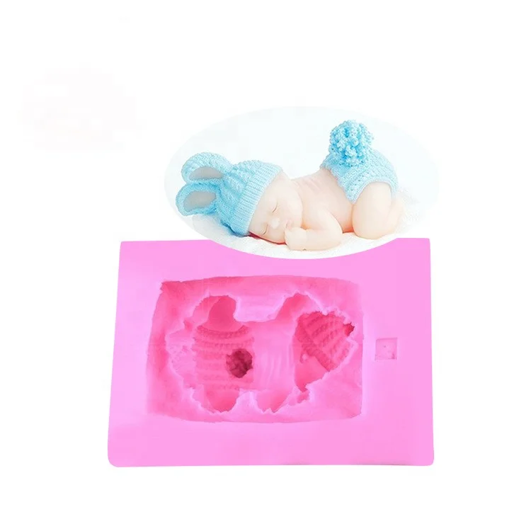 

Lovely baby sleep liquid fondant silicone cake mold mousse cake baking tools handmade soap baby making molds, White and pink
