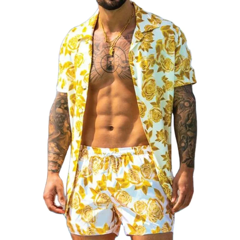 

2021 New Fashion Men Sets National Style Hawaiian printing Mens Short Sleeve Set Summer Casual Floral Shirt Beach Two Piece Suit