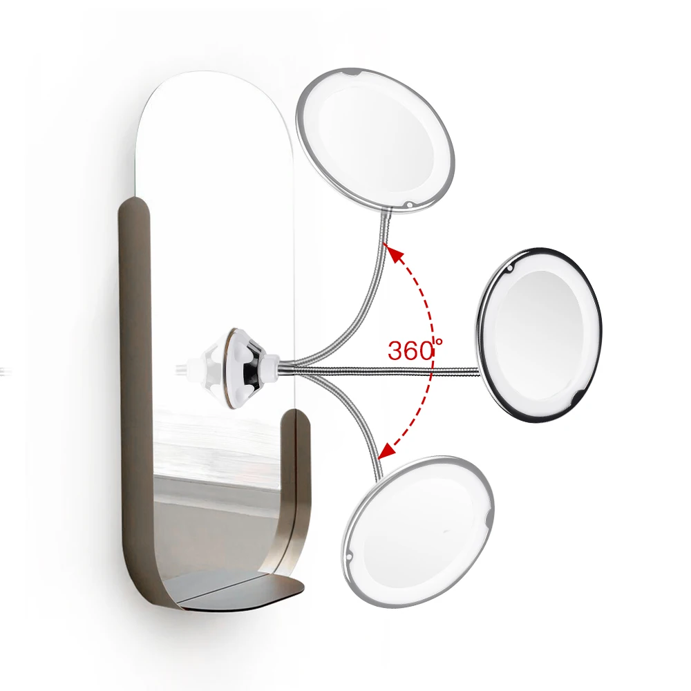 

wall mount moveable 10 x magnifier shower mens cosmetic makeup shaving mirror with led light, White