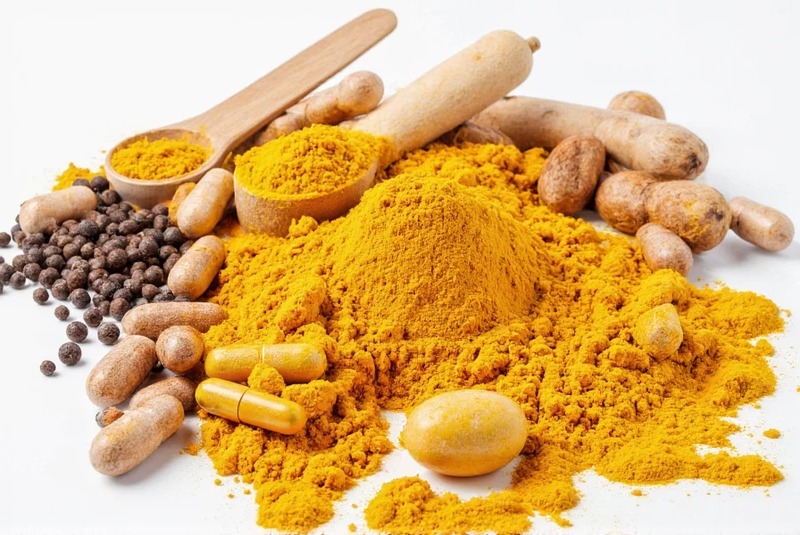 Turmeric root, powder, and supplement capsules arranged with measuring spoons and black pepper