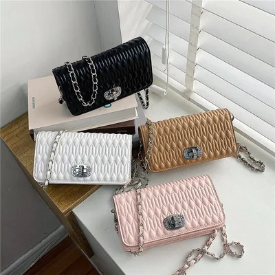 

hot sell women handbag with lock solid color PU leather frame bag Embroidery thread quilted bag sling crossbody shoulder bag, 10*20*4cm