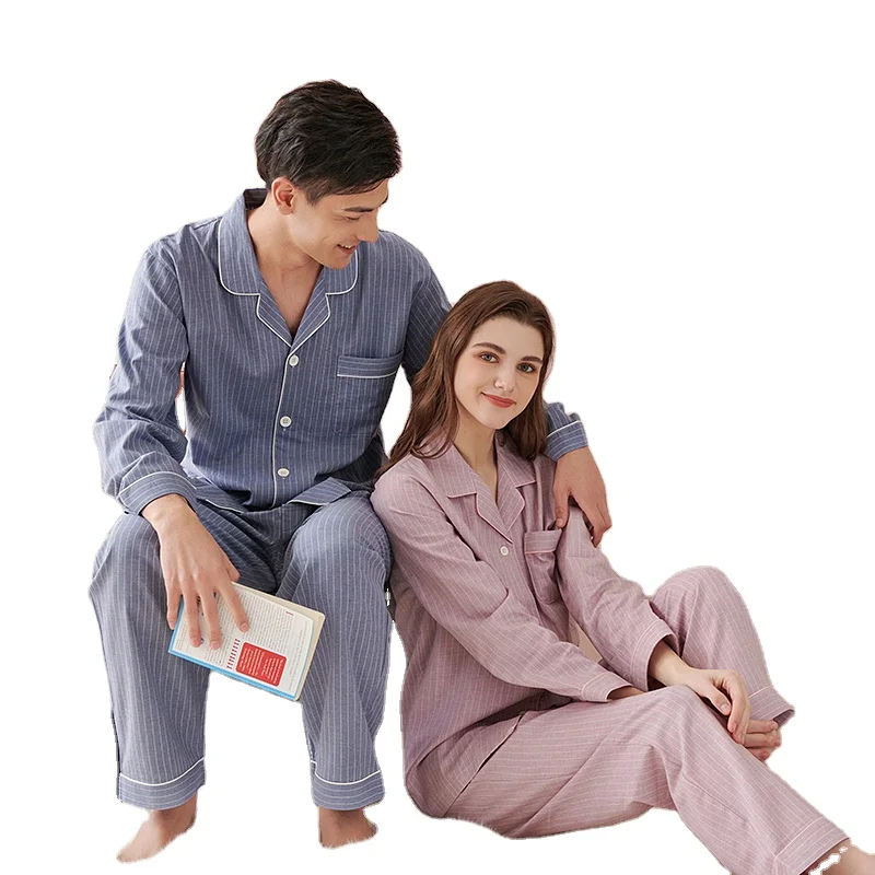 

Japanese pajamas women couple pajamas women spring and autumn pure cotton long-sleeved men's home service suit autumn, W35-pink purple