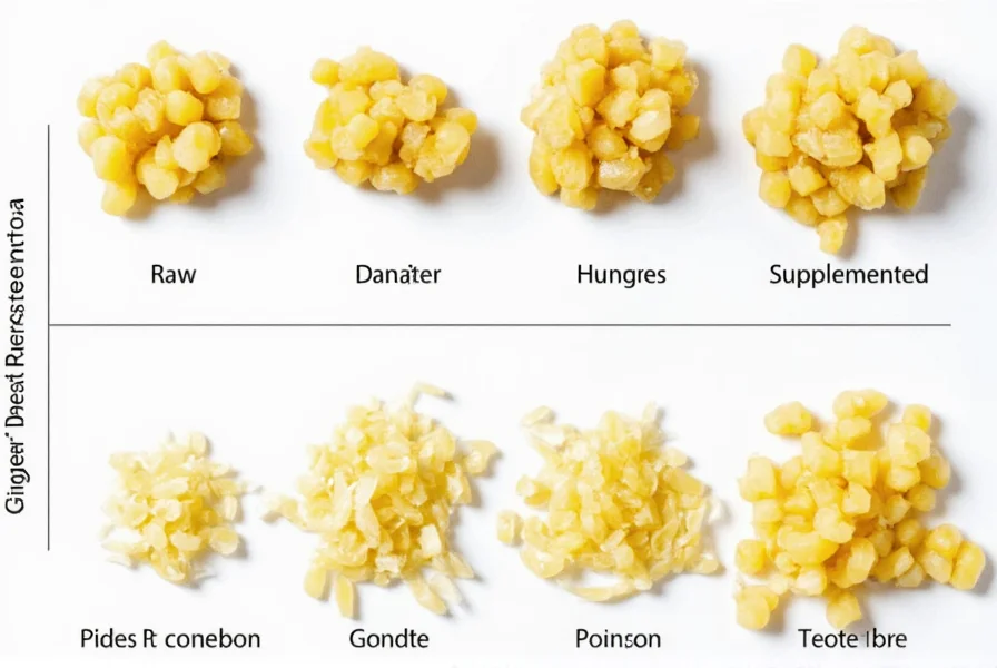Comparison of different ginger preparation methods including raw, cooked, and supplemental forms