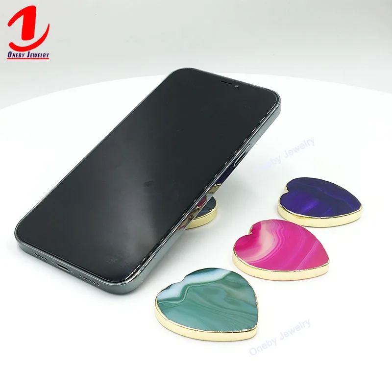 

Heart Golden Edge Agate Abs Finger Grip Multipurpose Best Simple Stone Cell Mobile Phone Holder And Tablet Stand Back Holder, Mixed