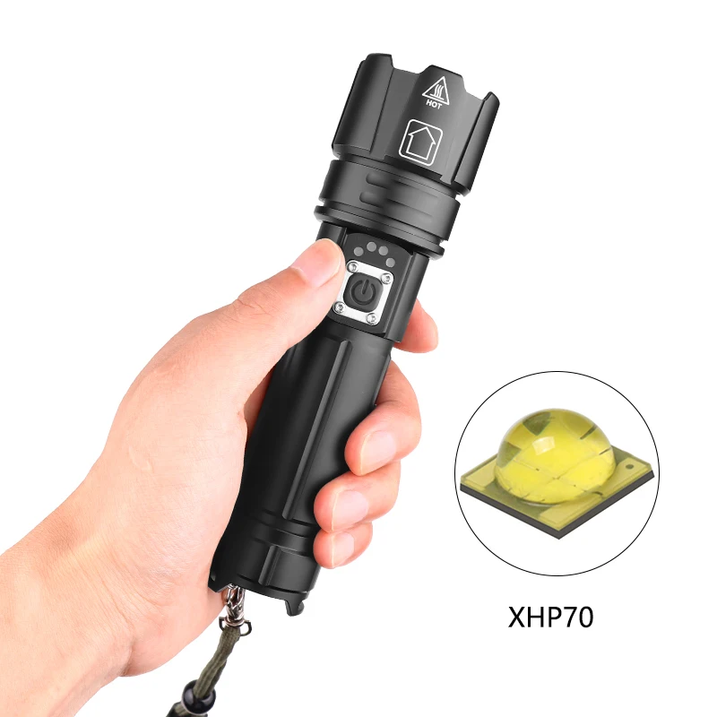 

P70 zoom rechargeable tactical flashlight input and output power display XHP70 strong light P90 flashlight, Black