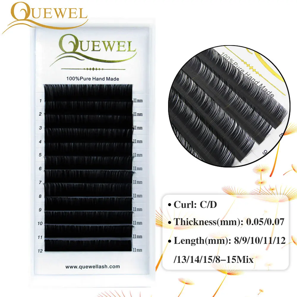 

Custom Private Label Custom Box Wholesale Price 6-20mm Quewel Silk/PBT Synthetic Eyelash Extension, Matte black