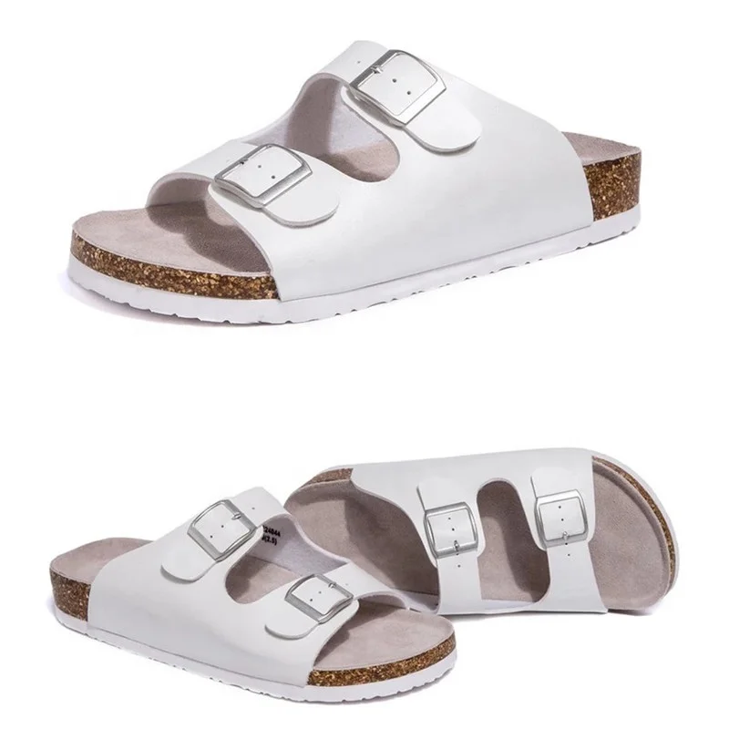 

High Quality Summer Women White Sandals Ladies Flat Slide Outdoor Slippers with Soft Leather Insock Cork Arch Support