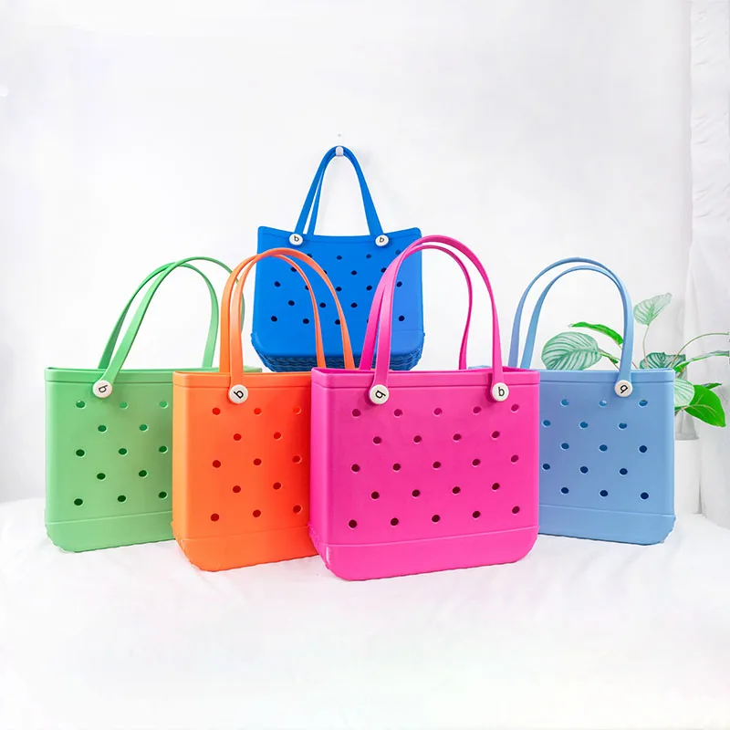 

2021Popular Waterproof Woman EVA Tote Large Shopping Basket Bags Beach Silicone Bogg Bag Purse Eco Jelly Candy Lady Handbags, Blue pink yellow grey red blue