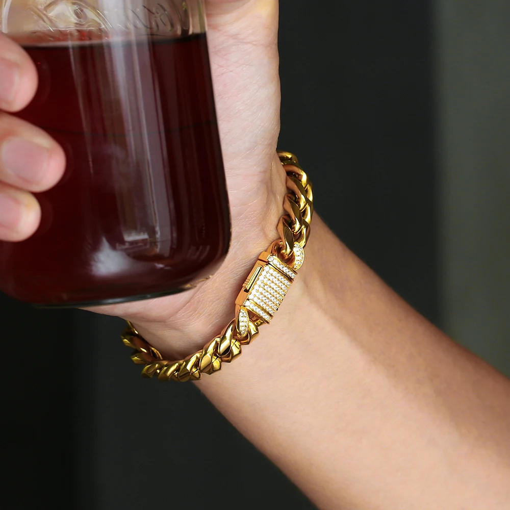 

KRKC&CO CZ Stone Zircon Buckle 12mm 8inch 18K Gold Plated Stainless Steel Miami Cuban Link Bracelet