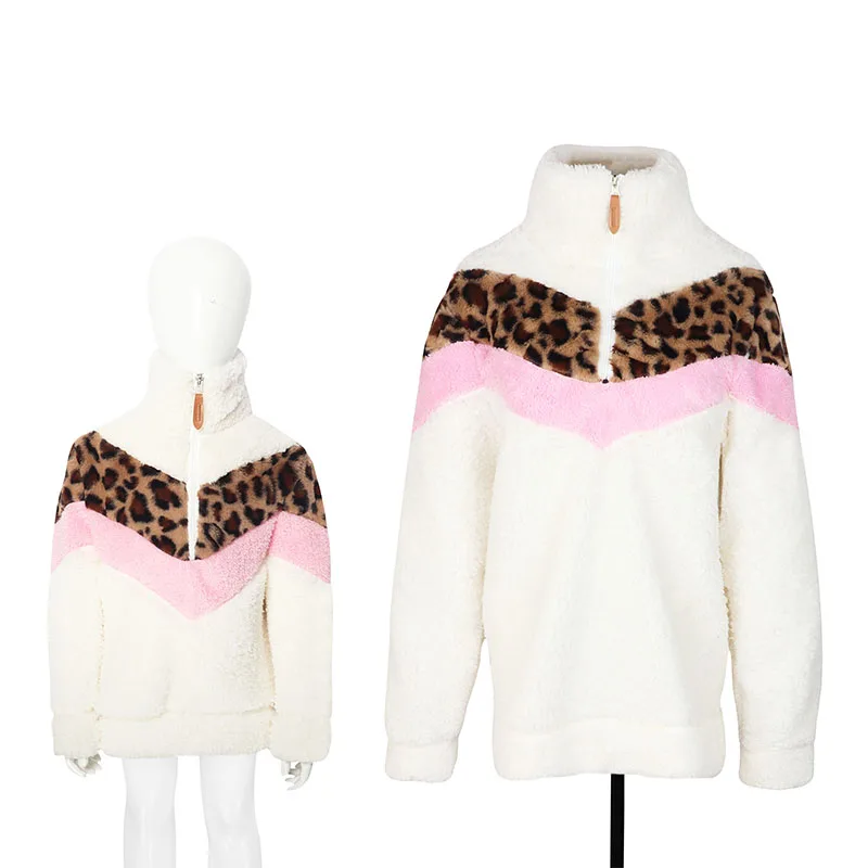 

Women's Zip Up Sweatshirts Monogrammed Fleece Sherpa Leopard Print Pullover Sweater, As pic show