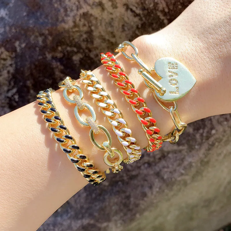 

European INS Punk Women Colorful Dripping Oil Chunky Cuban Bracelet Gold Filled CZ Love Heart OT Buckle Toggle Clasp Bracelet