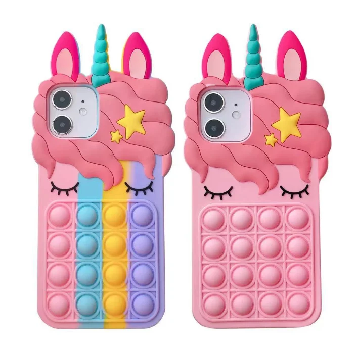 

Carton Unicorn Rainbow Pink Stress Fidget Toy Push It Bubble Girl Phone Case Cover for iPhone 13 Pro Max XsMax 8P