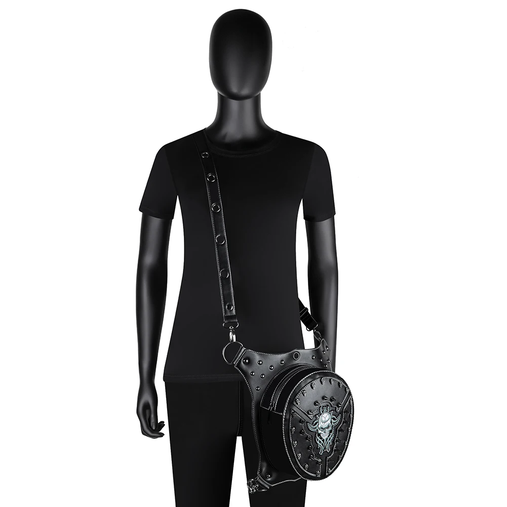 

Steampunk skull spot punk multifunctional tactics backpack pu leather sac a dos waist purses bags for men