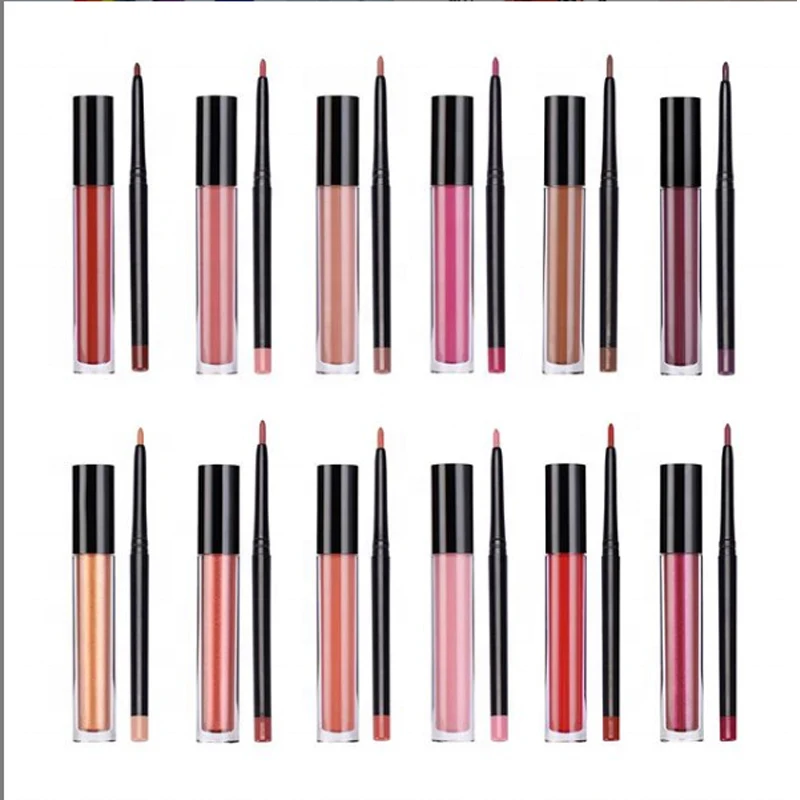 

Wholesale vendor Vegan cruelty free matte liquid glitter lipstick with lip liner sets Waterproof liquid lipstick, 12 colors matte lipgloss