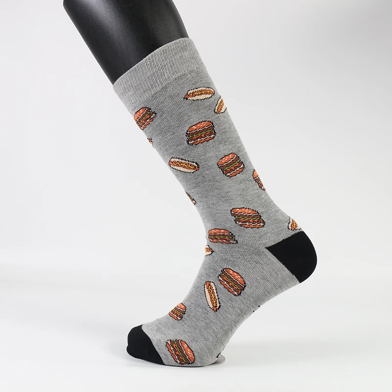 

Kawaii Design Jacquard Hamburger Pattern Funny Bulk Bamboo Men Crew Socks, Grey