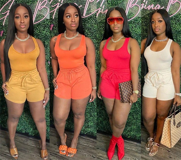 

Fashion Solid Color Vest Shorts 2 Piece Jogger Set Women Summer Two Piece Matching Sets, Picture