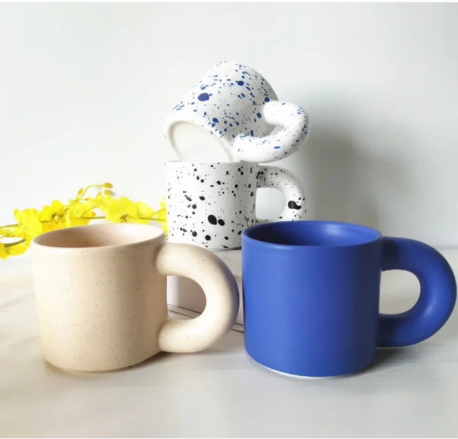 

Ceramic mug with big ears hand hold pattern splash ink cup fat coffee mug, White,orange,yellow,green