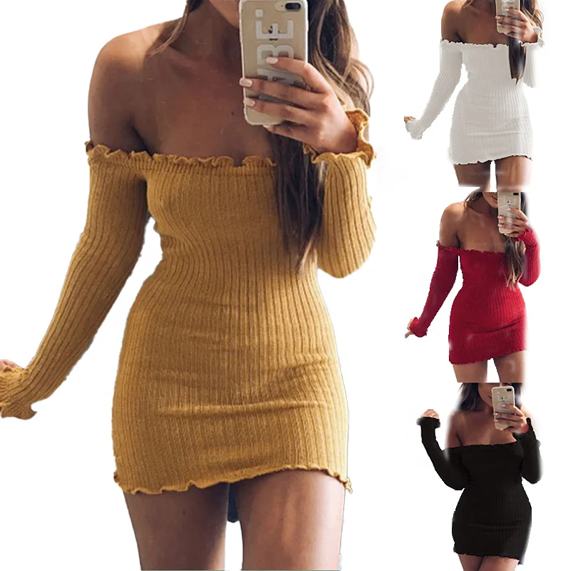 

Off Shoulder Sexy Party Club Solid Color Bag Hip Ruffle Slim Fit Mini Knit Dress Women, 5 colors