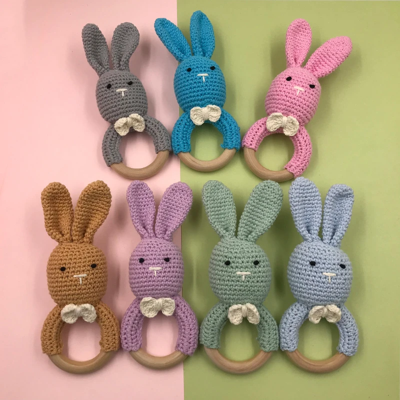 

W34 Natural Wooden Baby Sensory Toys Cotton Crochet Rabbit Animal Bunny Teething Ring Teether Rattle