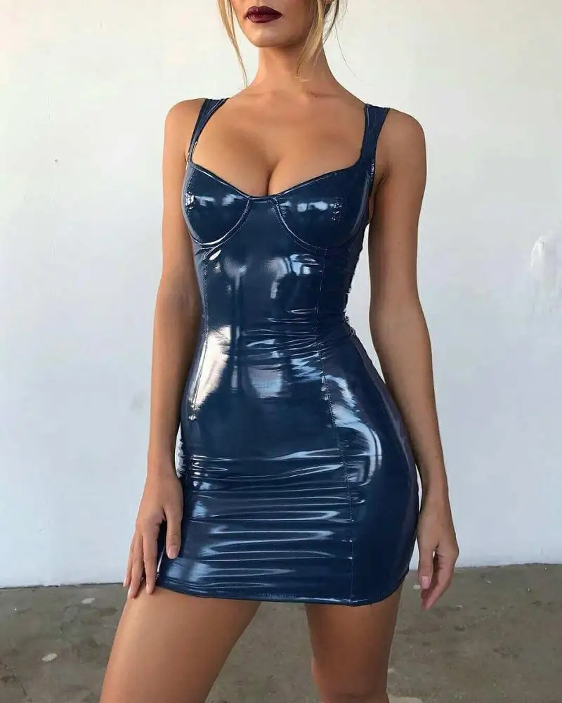 

2021 Women Sheer Bandage bodycon dress Patchwork Deep V Zipper Club Faux PU leather Evening Slim pencil vestidos femme Hot sale, As the pictures shown