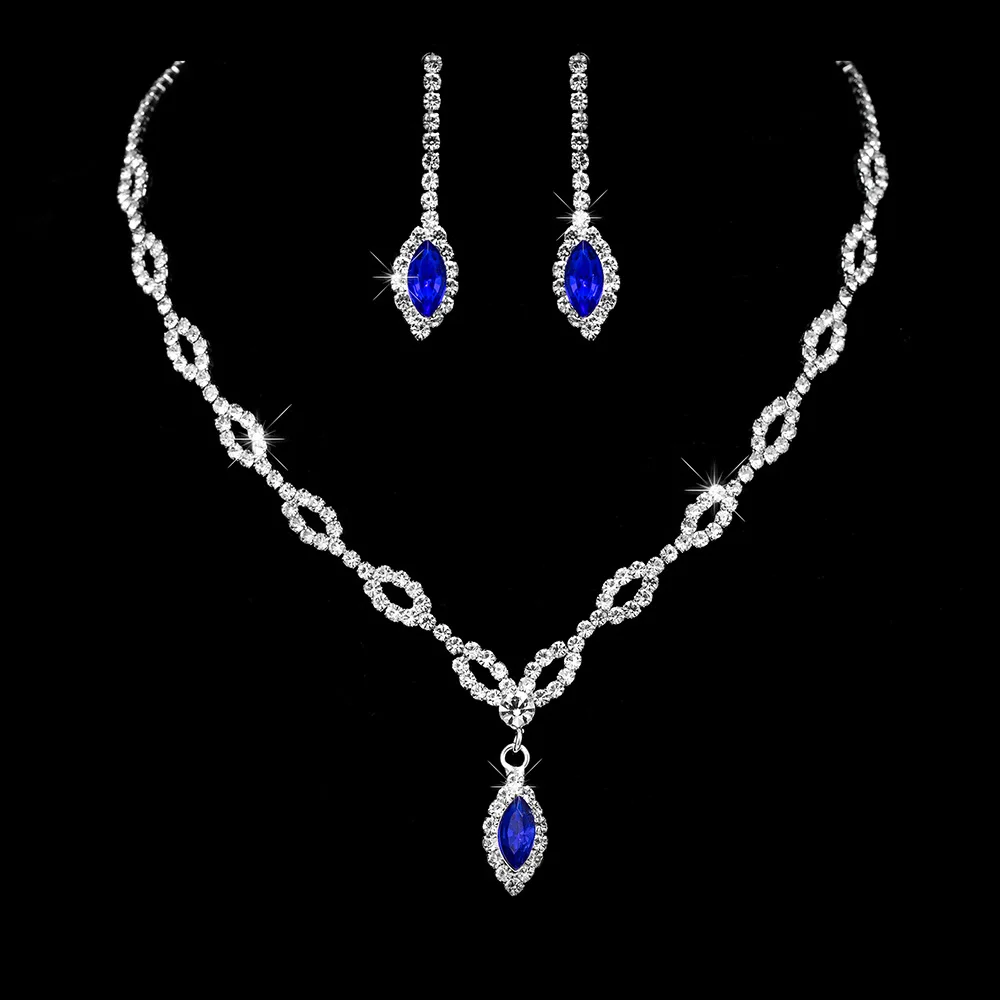 

American and European Hot Sale Blue Color Rhinestone Peri Style Metal and Diamond Stone Sweety Wedding Necklace and Earring Set, Multiple