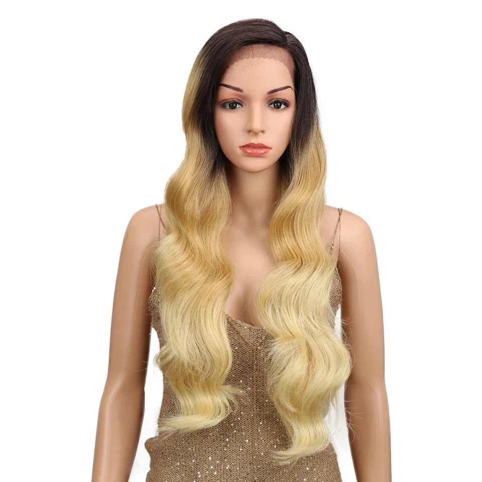 

Sleek Ombre Body Wave 1.5*13.5 Side Lace Front Wig Synthetic 150 Density 28 inch Heat Resistant Synthetic Wigs For Black Women, Picture
