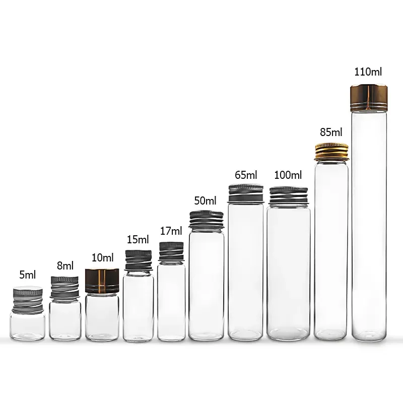 

wholesale transparent high borosilicate small glass tube 5ml-110ml glass storage vial bottle with aluminum cap