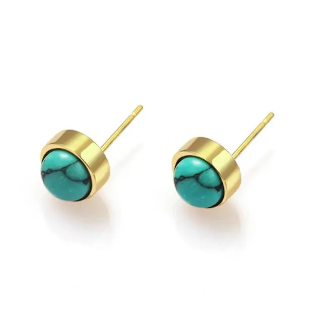 

Simple Stainless Steel Gold Plated Round Turquoise Stud Earrings Titanium Steel Natural Stone Insert Earring Jewelry For Women