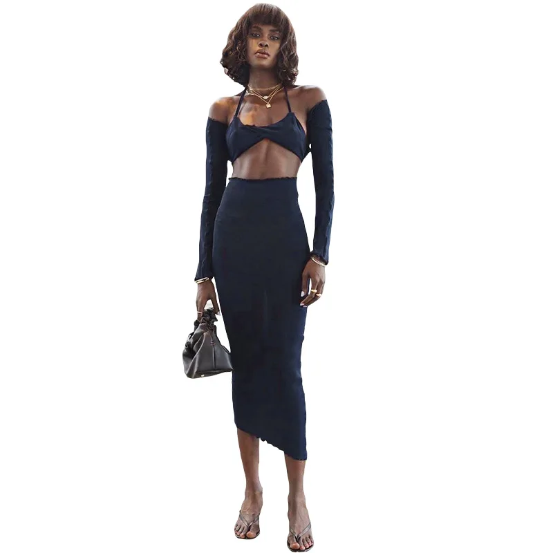 

2020 new arrivals autumn asymmetrical designs women two pieces top with skirt set