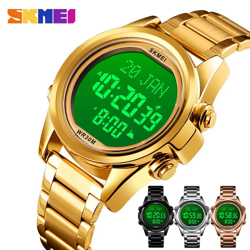 

SKMEI 1667 Stainless Steel Islamic Qibla Direction Compass Azan Digital Watch For Muslim Prayers, 8 colors available