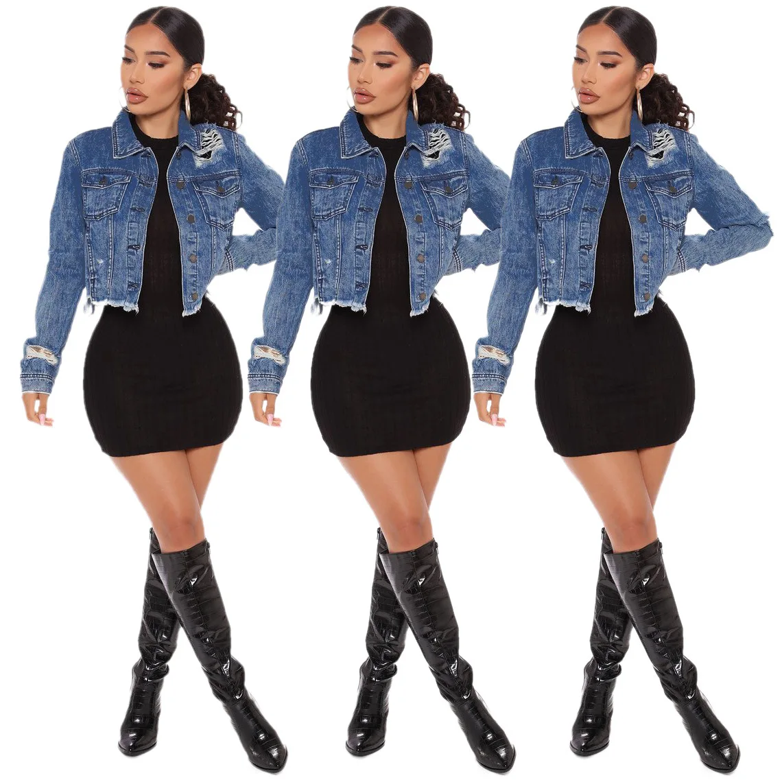 

New high-quality personality ripped tassel short retro long-sleeved jacket denim jacket