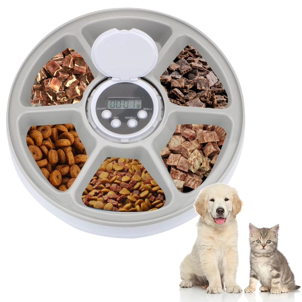 

6 Meals 6 Grids for Cat Dog With Voice Recorder Pet Automatic Feeder Round Timing Feeder Electric Dry Wet Food Dispenser