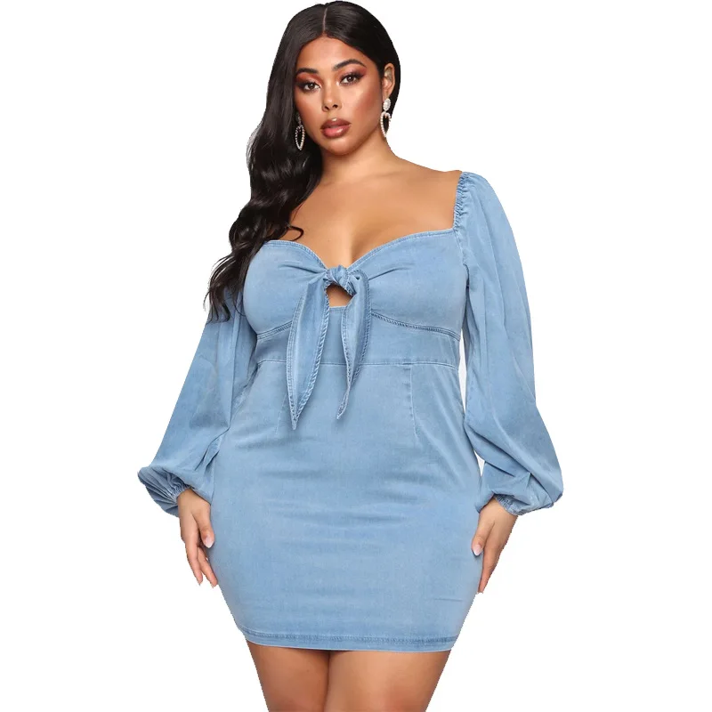 

5XL 2021 new arrival spring fashion long sleeved denim dress bow lace up casual mini dress