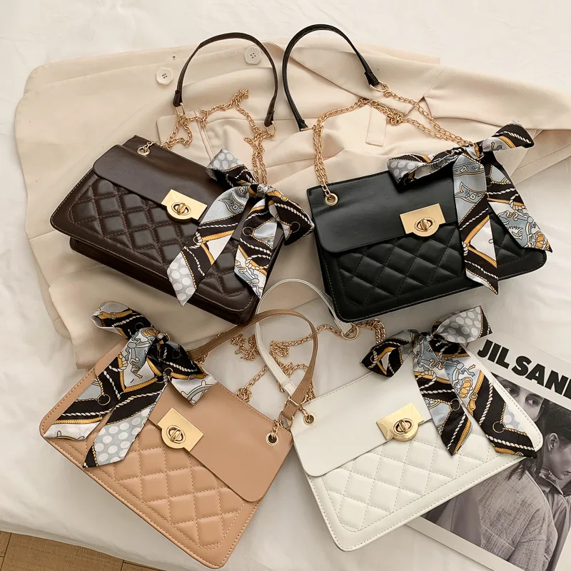 

New Ladies Shoulder Bag Fashion Trendy Silk Scarf Bag Women Temperament Solid Color Large-Capacity Chain Handbags Women, Brown tan black white