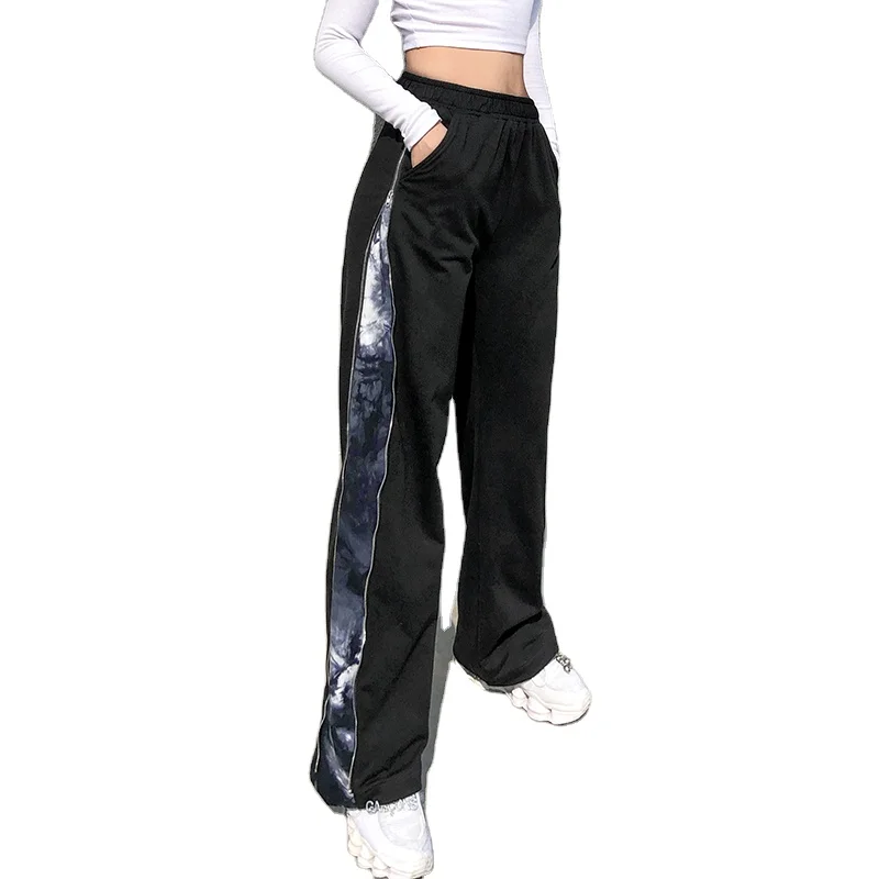 

Spring 2021 European and American loose jogger both sides with zipper closing pants tie-dyed high-waisted elastics hoodie pants, Picture