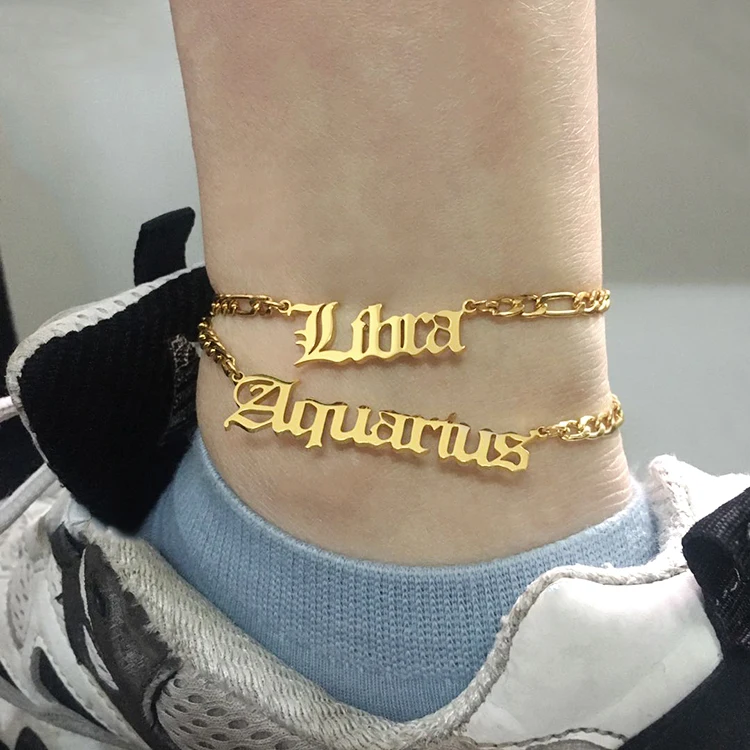 

Wholesales Gold Horoscope Sign Stainless Steel Customized 12 Zodiac Alphabet Pendant Anklet