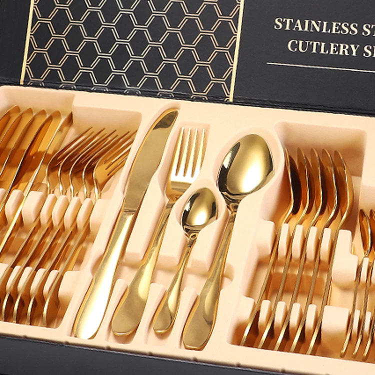 

Custom LOGO Silverware Flatware Sets Mirror Polish Stainless Steel 24/30/36 Pieces Golden Cutlery Set With Gift Box