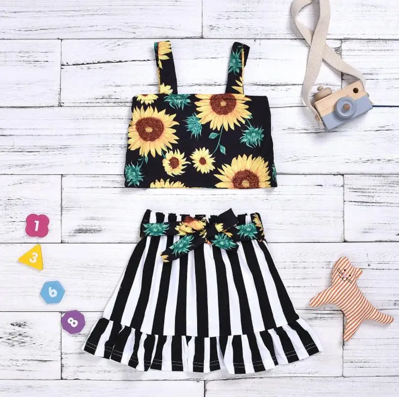 

stripe Floral Print Children Summer Children Sleeveless Shirts With skirt Girl Fashion Kids 2 pcs Girl Sunflower Clothes Set