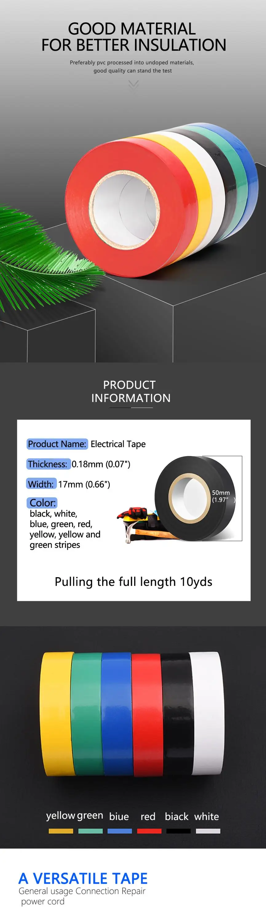 Color Electrical Insulation Pvc Tape 17mm*10yard Acrylic Carton Box