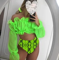 

Sexy Off Shoulder Bandeau Bikini Neon Green Long Sleeve Mesh Leopard High Waist Swimsuit Women Bathing Suit Bathers Swimwear