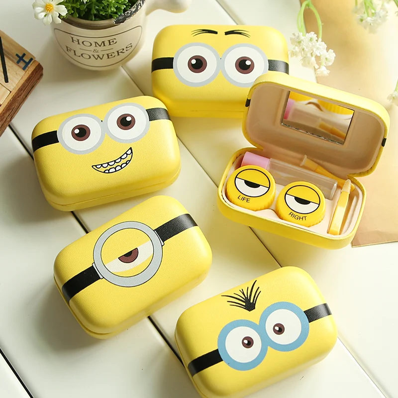 

Minions Cartoon Contact Lens Case For Women Leather Hard Contact Lenses Box Cute Eyeglass Case Lens Container Christmas Gift