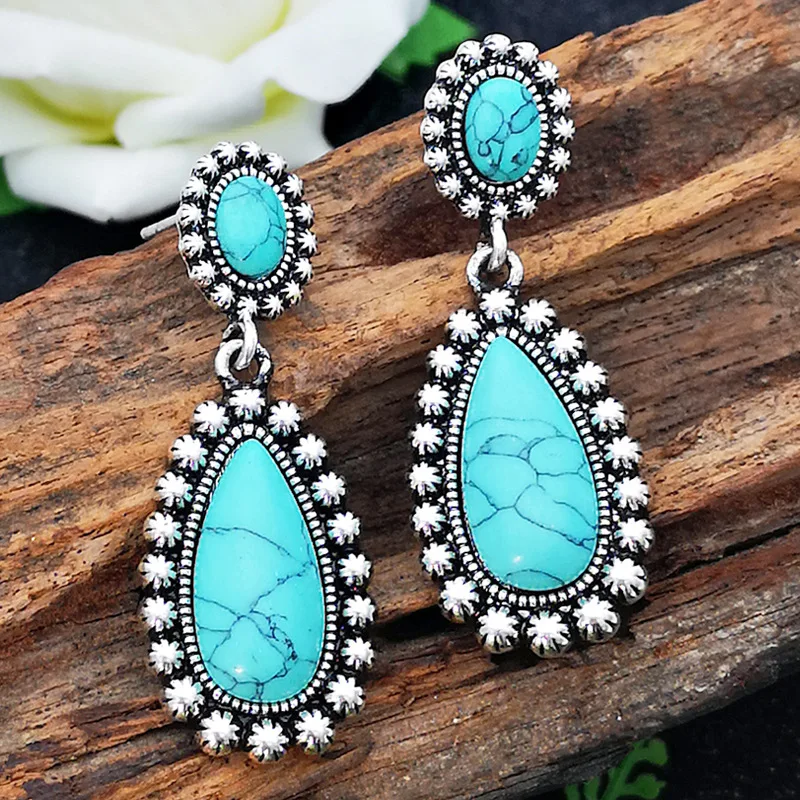 

Creative drop shape Turquoise exaggerated Earrings New Products plated with 925 ancient silver Turquoise Earrings, Picture shows