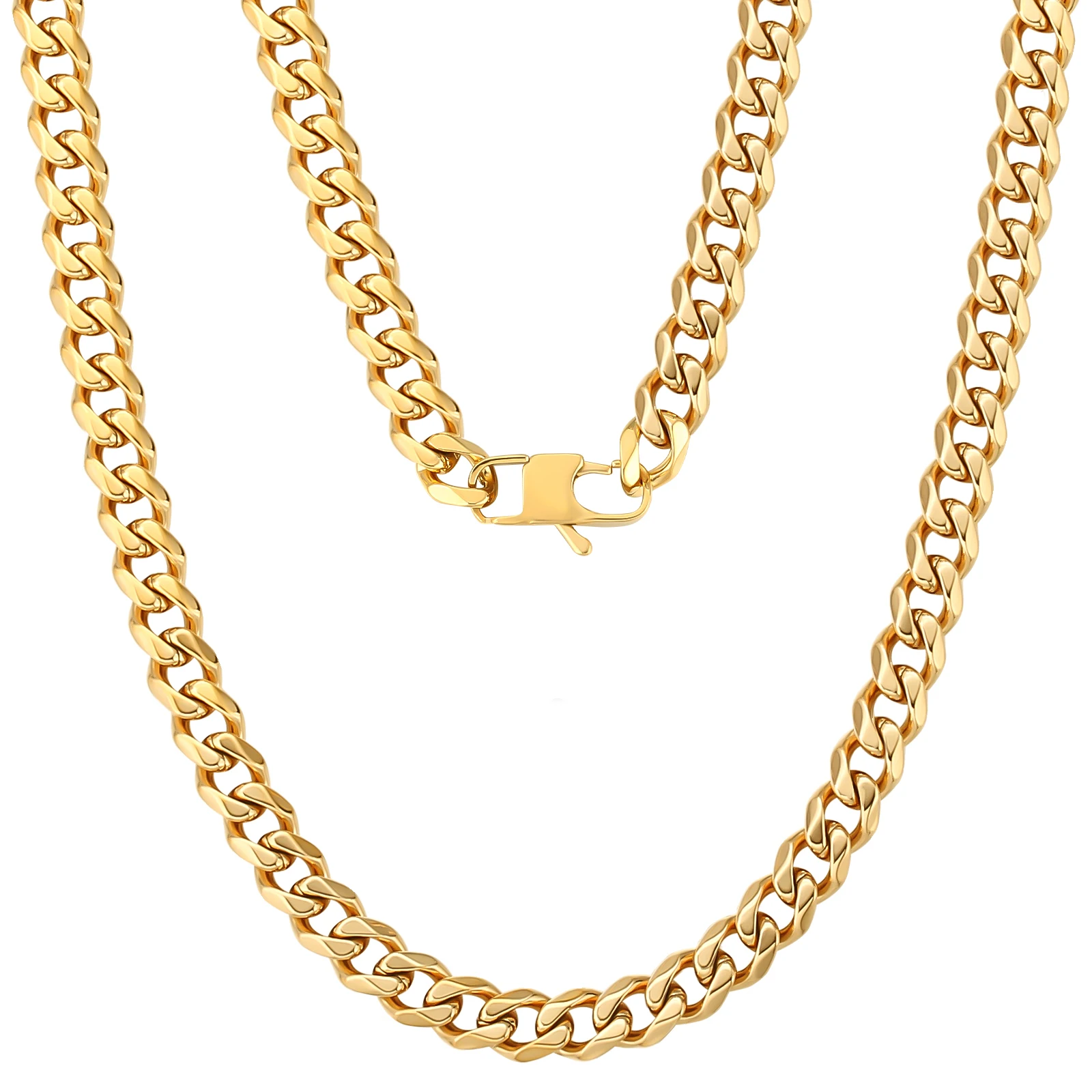 

KRKC Real Gold Plated PVD Hip Hop Jewelry 6-Side Cut 316L Stainless Steel Necklace Curb Miami Cuban Link Chain for Men Women