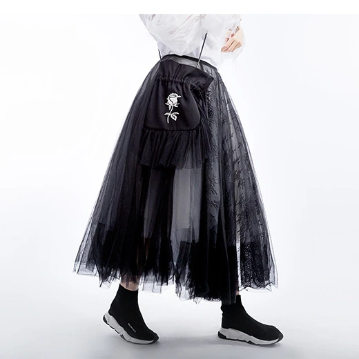 

2020 New Spring Summer High Waist Black 5 Layers Mesh Stitch Temperament Half-body Skirt Women Fashion